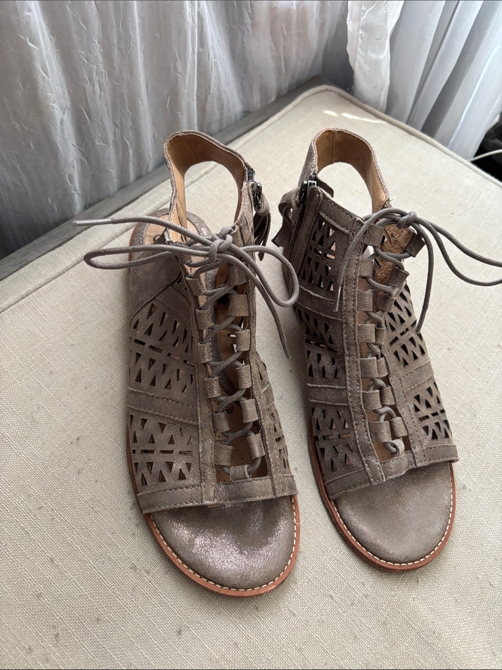Metallic taupe Lace-Up Laser-Cut Taupe Women's Sandals